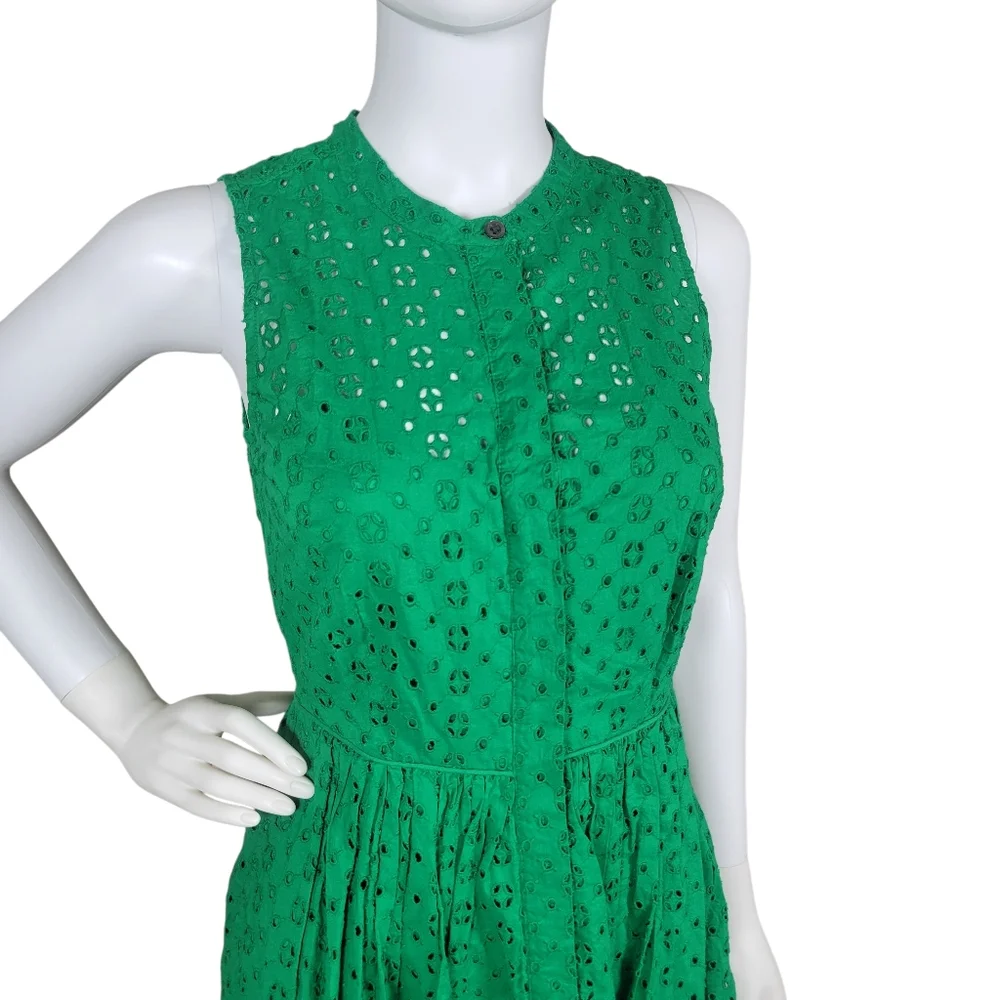 J Crew Eyelet Dress Womens 00 Kelly Green Sleeveless Button Front Clover‎ Preppy